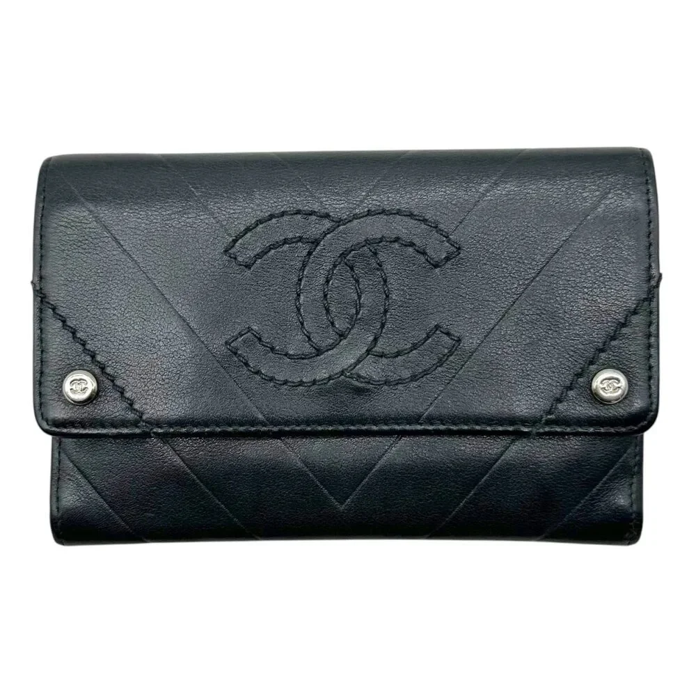 Chanel Black Leather Chevron Embroidered Logo Wallet - Picture 1 of 7
